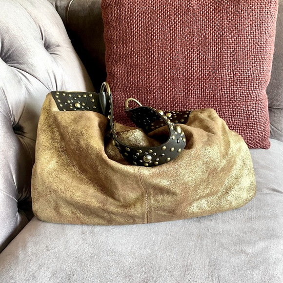 Large Distressed Leather Gold Hobo with Studded Leather Handle - Picture 11 of 14